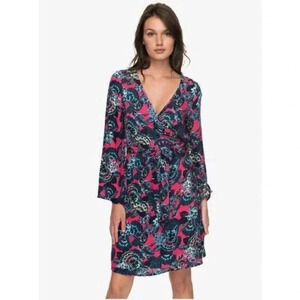 Roxy Retro Beach Hawaiian Small Hours Wrap Long Sleeve Mini Dress XS